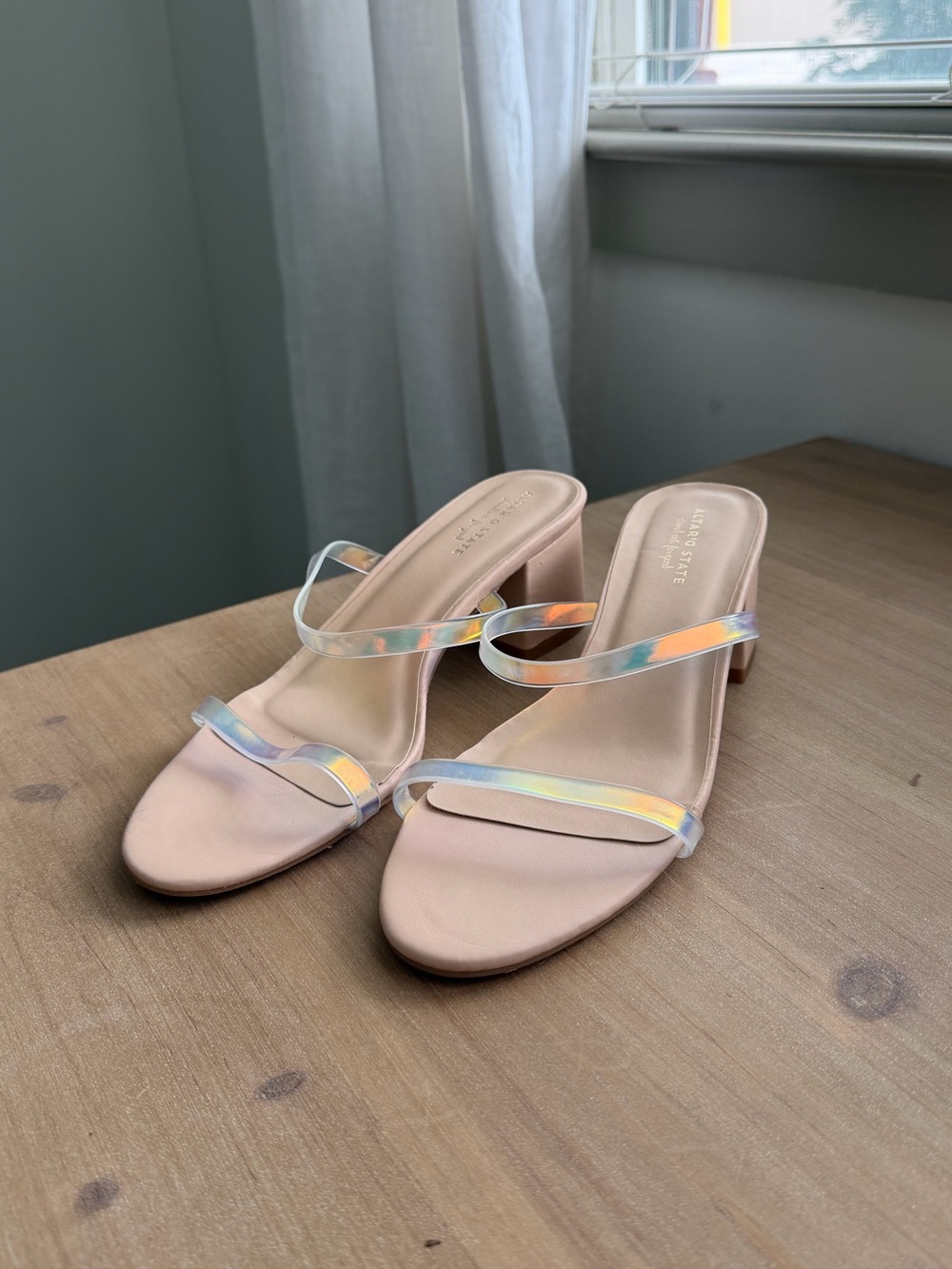 Altar'd State Nude Heeled Slides with Iridescent Straps